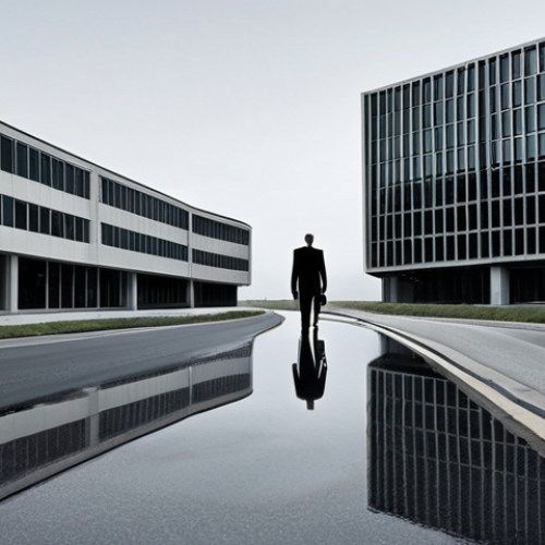 Home 8 **
A stark, grey-toned business landscape divided by a winding road. One side features a pristine, modern office building, representing legal compliance. The other side shows a shadowy, distorted reflection of the same building, symbolizing ethically questionable practices. A lone auditor figure stands at the crossroads, looking conflicted. Focus on conveying the ambiguity and moral dilemma inherent in accounting "grey areas."
**