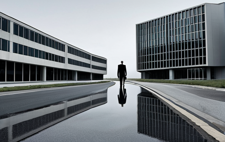 **
A stark, grey-toned business landscape divided by a winding road. One side features a pristine, modern office building, representing legal compliance. The other side shows a shadowy, distorted reflection of the same building, symbolizing ethically questionable practices. A lone auditor figure stands at the crossroads, looking conflicted. Focus on conveying the ambiguity and moral dilemma inherent in accounting "grey areas."
**
