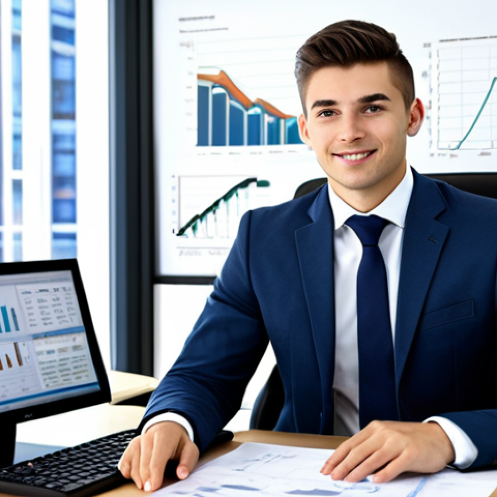 **

A young, professional Wirtschaftsprüfer (accountant) in a modern office setting, fully clothed in appropriate business attire. They are confidently presenting data or a report. Background includes financial charts and a computer screen. The overall impression is competent and approachable. Safe for work, appropriate content, professional, modest, perfect anatomy, correct proportions, natural pose, well-formed hands, proper finger count, natural body proportions.

**
