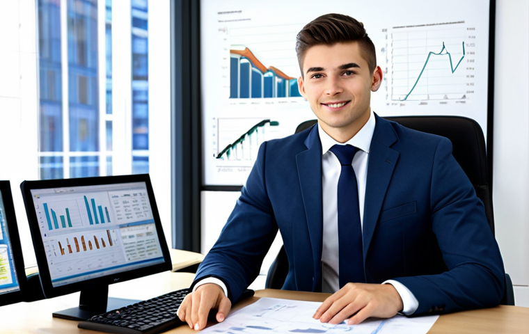 **

A young, professional Wirtschaftsprüfer (accountant) in a modern office setting, fully clothed in appropriate business attire. They are confidently presenting data or a report. Background includes financial charts and a computer screen. The overall impression is competent and approachable. Safe for work, appropriate content, professional, modest, perfect anatomy, correct proportions, natural pose, well-formed hands, proper finger count, natural body proportions.

**