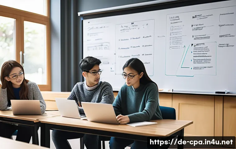 CPA 시험 준비 스터디 운영법 - **Prompt 1: Dynamic Study Group Collaboration**
    A diverse group of four university students, mal...