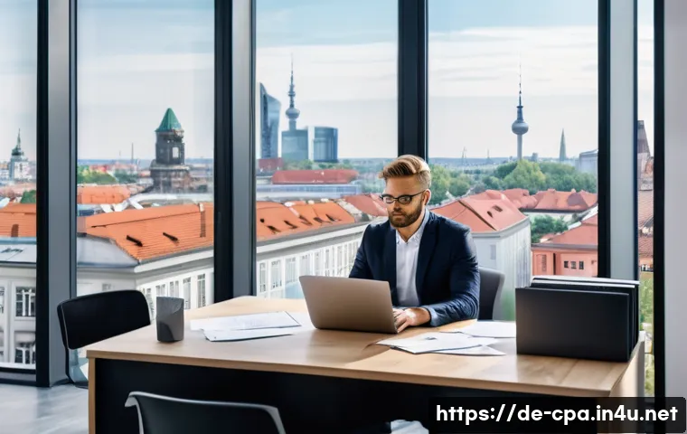 CPA와 중소기업 회계 지원 - A modern small to medium-sized German business office scene with a focused entrepreneur working on d...