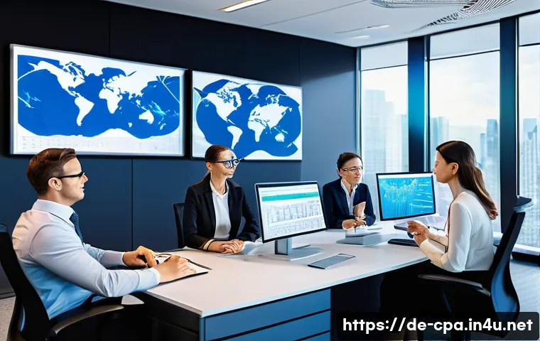 CPA와 다국적 기업 감사 - A professional multinational corporate finance team in a modern office setting, featuring diverse pr...