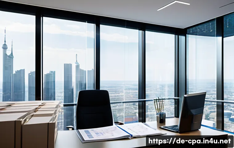 CPA와 리스크 관리 - A modern German corporate office setting with a professional accountant meticulously reviewing detai...