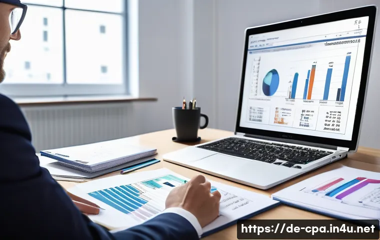 CPA 중점 과목 파악하기 - A modern German CPA exam study setting featuring a young professional seated at a clean desk filled ...