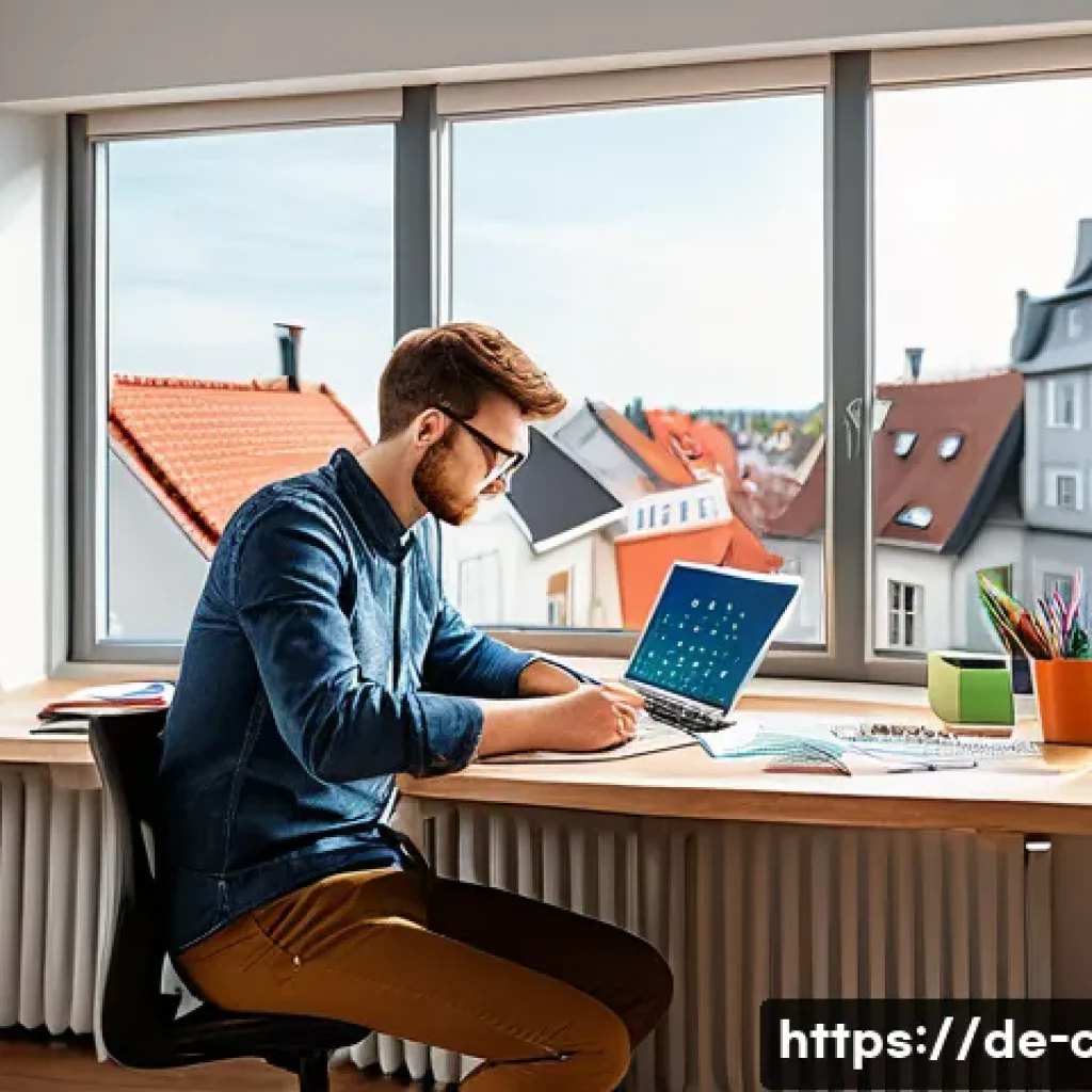 공인회계사 시험 기간별 학습 전략 - A focused young adult studying in a modern, bright home office in Germany, with a large desk filled ...