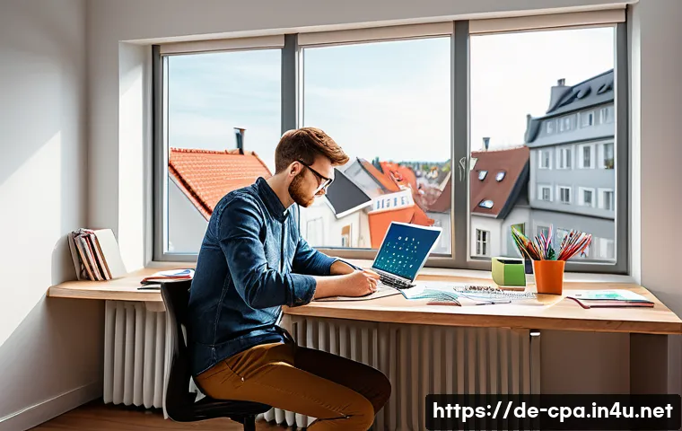 공인회계사 시험 기간별 학습 전략 - A focused young adult studying in a modern, bright home office in Germany, with a large desk filled ...