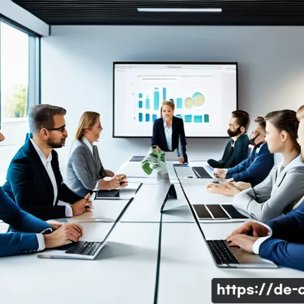 공인회계사와 팀워크 개발 - A modern German auditing office scene showing a diverse professional team in business attire engaged...