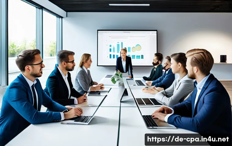 공인회계사와 팀워크 개발 - A modern German auditing office scene showing a diverse professional team in business attire engaged...