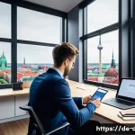 CPA 시험 리소스 정리 - A modern, bright study environment featuring a young German CPA candidate sitting at a sleek desk wi...