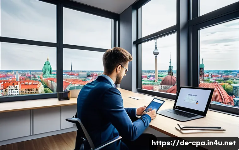 CPA 시험 리소스 정리 - A modern, bright study environment featuring a young German CPA candidate sitting at a sleek desk wi...