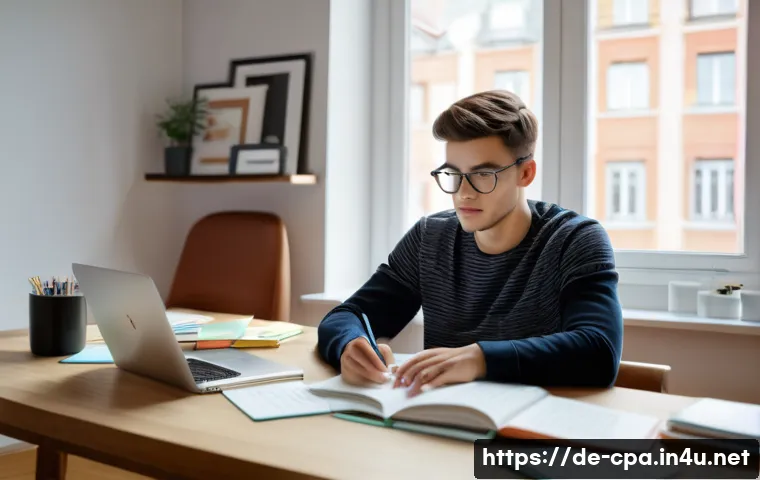 CPA 2차 시험 실전 팁 - A focused young adult studying for a CPA exam at a modern desk in a bright, cozy home office with Ge...