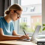 CPA 실기 시험 팁 - A focused young adult studying at a tidy desk in a bright, modern home office, with natural morning ...
