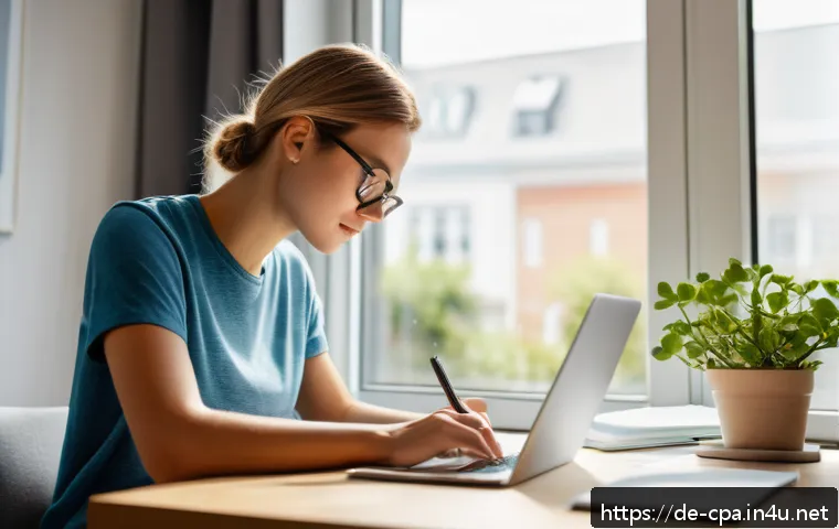 CPA 실기 시험 팁 - A focused young adult studying at a tidy desk in a bright, modern home office, with natural morning ...