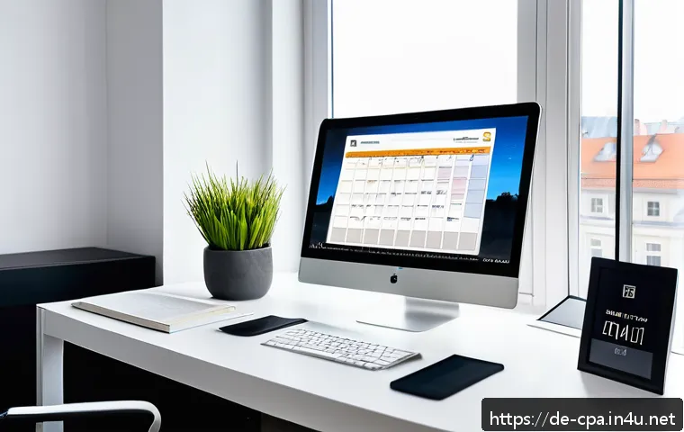 공인회계사 프리랜서로 일하는 법 - A modern German freelance auditor’s home office setup during daytime, featuring a sleek desk with du...