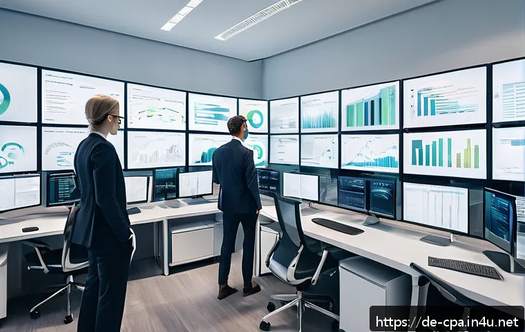 CPA 시험에서의 최신 감사 이슈 - A modern corporate auditor's office scene showing a diverse group of professionals using advanced di...