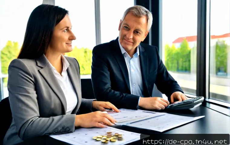 공인회계사로서의 경력 전환 사례 - Photorealistic career transition scene in a modern German office: a confident middle-aged female cer...
